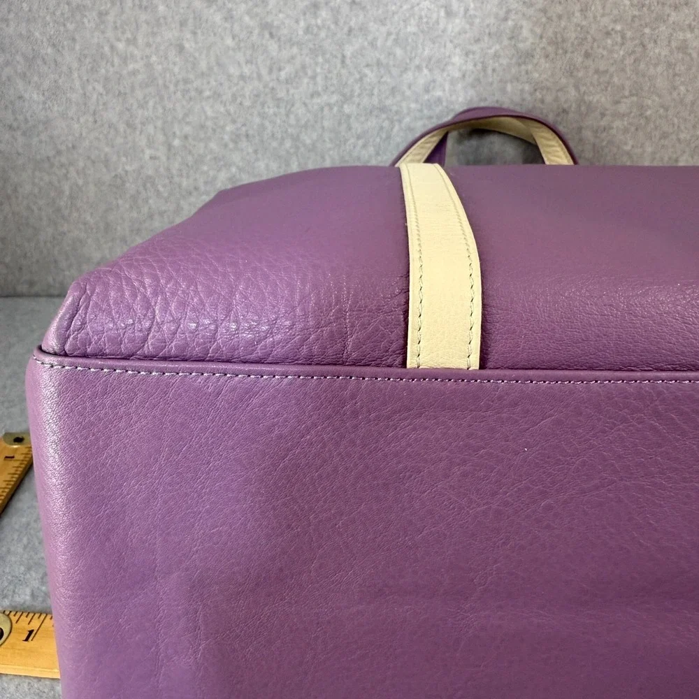 Levenger Leather Duffel Travel Weekend Touring Bag Grape Purple Cream Strap NEW